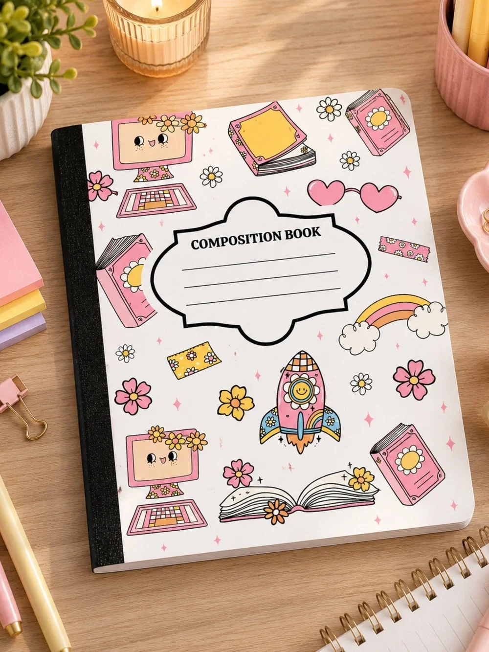 Cute Floral & Rocket Composition Notebook - Pink Accents